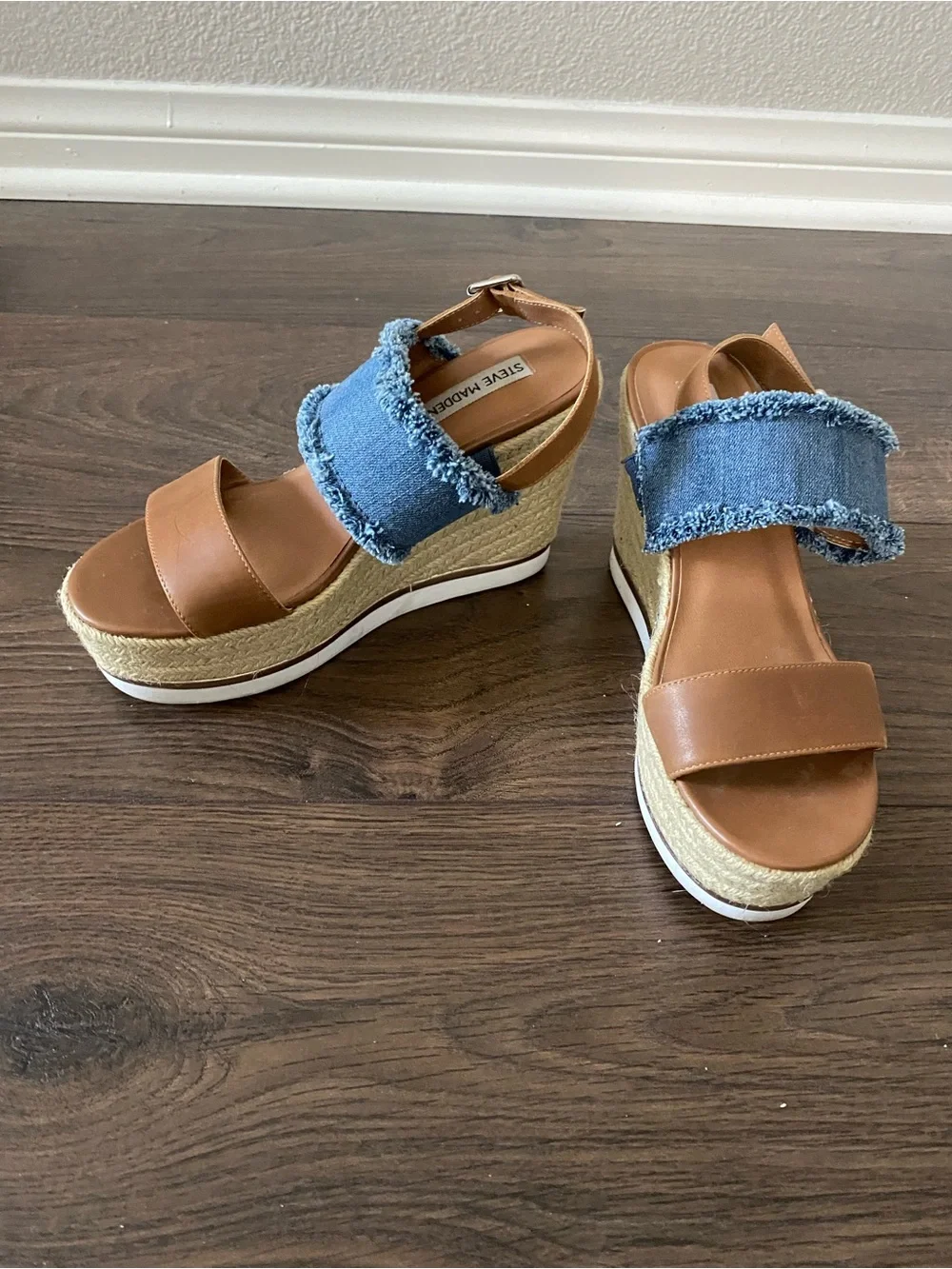 Steve Madden Tan Leather and Blue Denim Espadrille Wedge Sandals